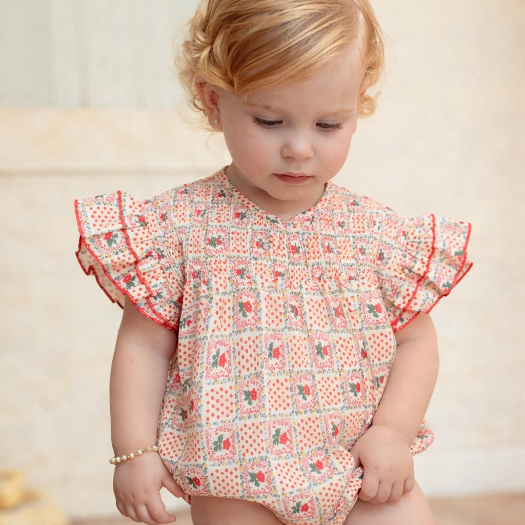 Patchwork Smock Romper - Red