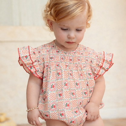 Patchwork Smock Romper - Red