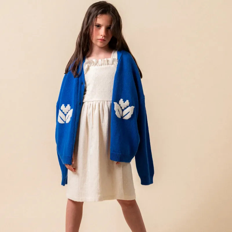 Embroidered Floral Cardigan - Cobalt