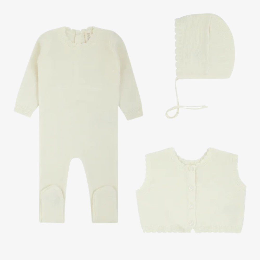 Knit Vest Footie And Bonnet - Cream