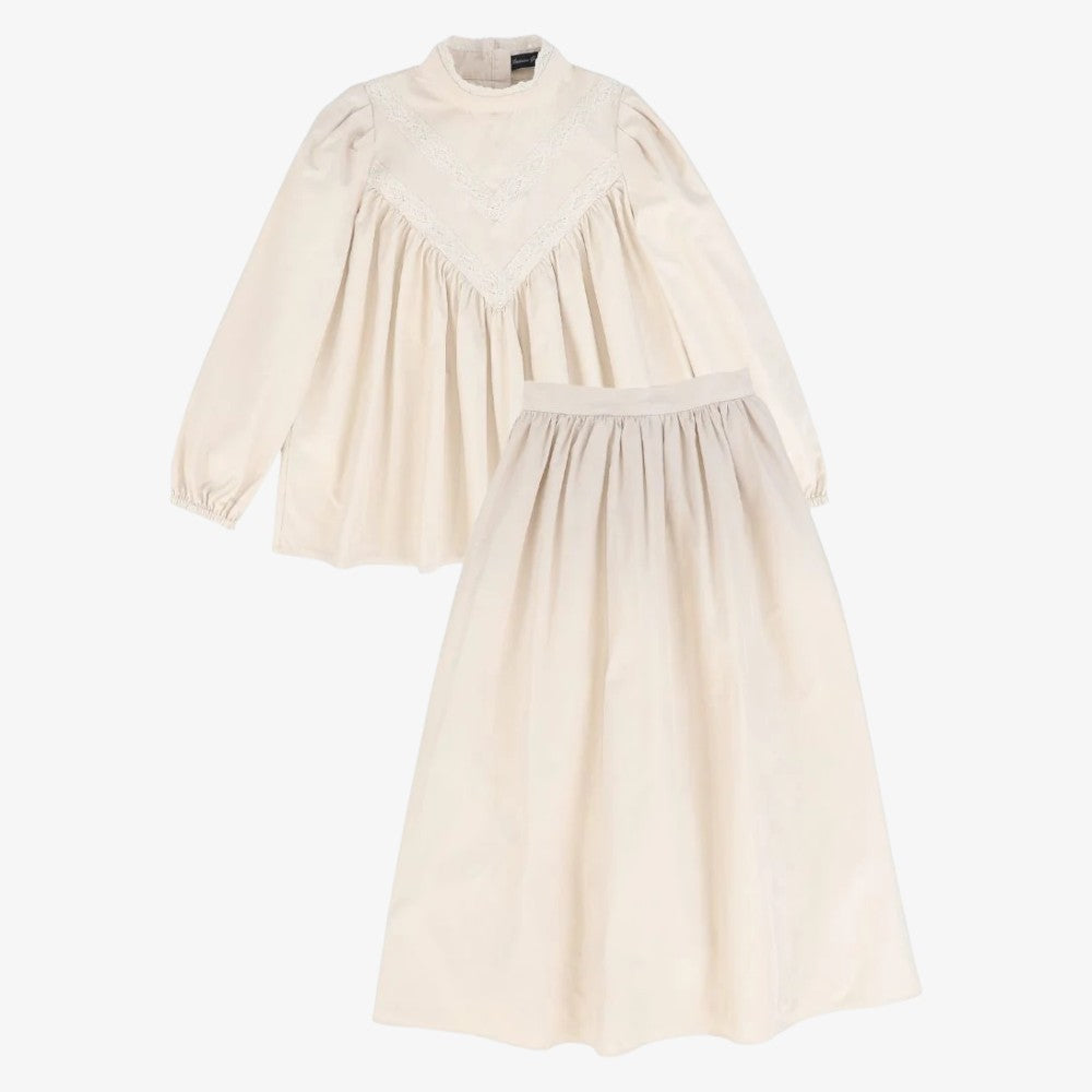 Tafetta Lace V Design Blouse And Skirt - Pink