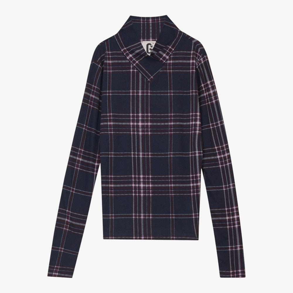 V Mock Turtleneck - Navy Plaid