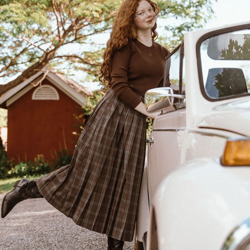 Plaid Pleated Skirt - Brown