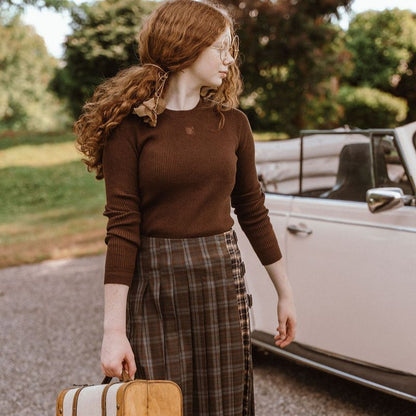 Plaid Pleated Skirt - Brown