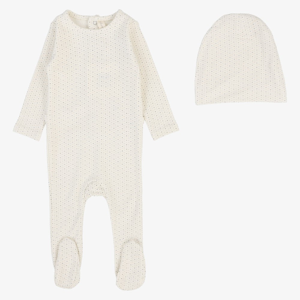 Dotty Knit Footie And Bonnet - Light Blue