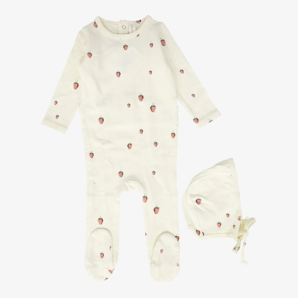 Printed Fruit Footie And Hat - Ivory-strawberry