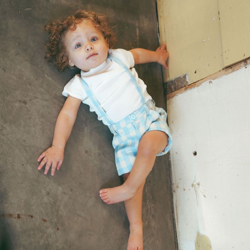 Checked Suspender Shorts - Light Blue