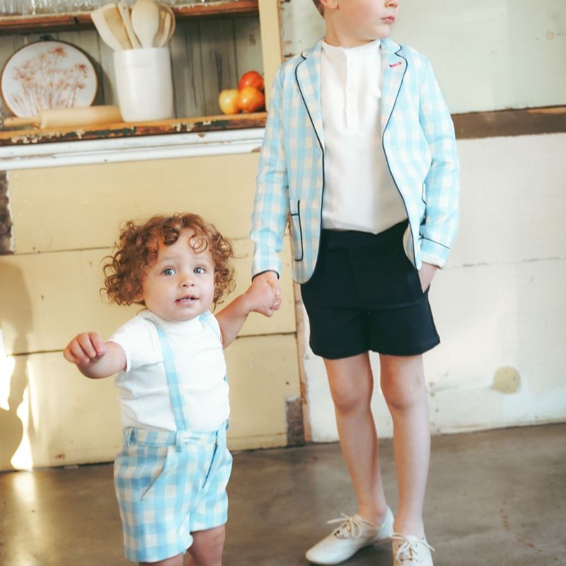 Checked Suspender Shorts - Light Blue