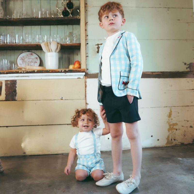 Checked Suspender Shorts - Light Blue