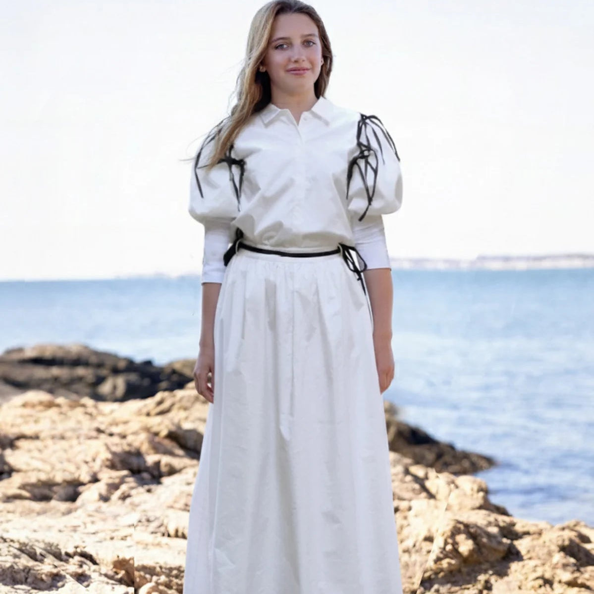 Contrast Bow Shirt And Skirt - White