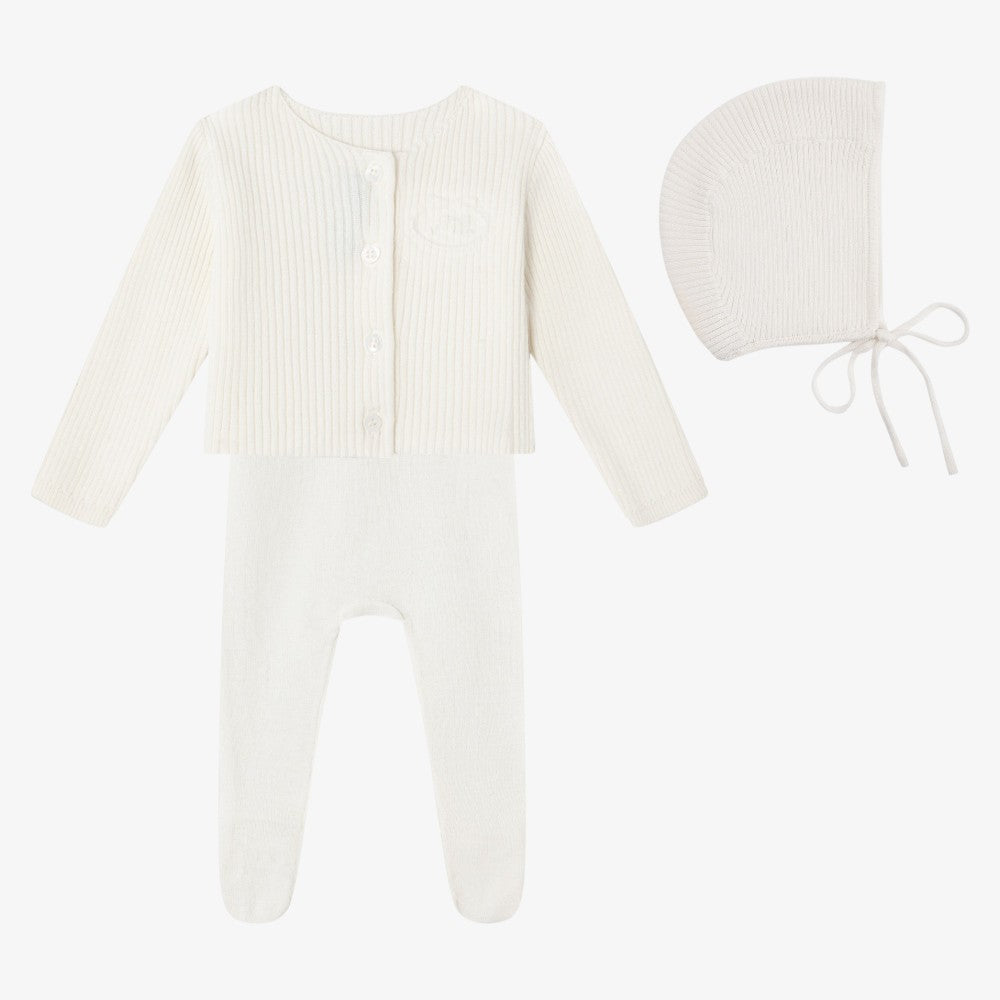 Emblem knit Footie With Bonnet And Cardigan - Cream