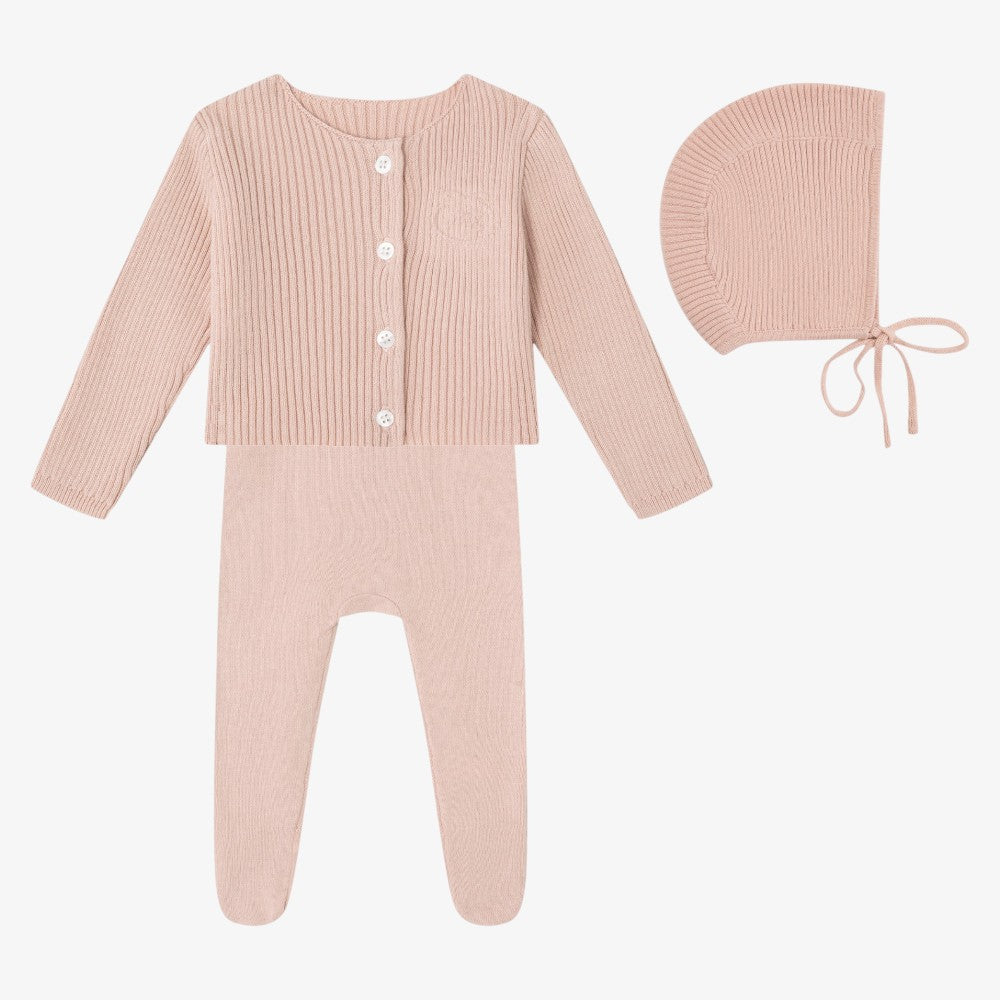 Emblem knit Footie With Bonnet And Cardigan - Pink