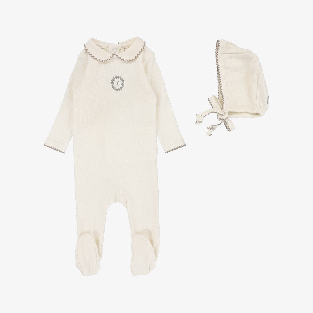 Emblem Embroidered Footie And Hat - Cream &amp; Oat