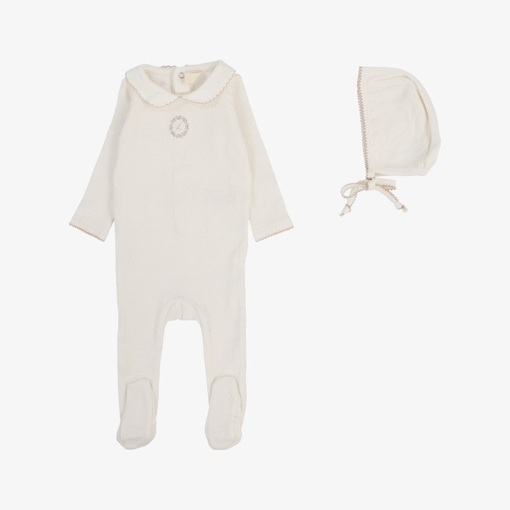 Emblem Embroidered Footie And Hat - Cream &amp; Pink