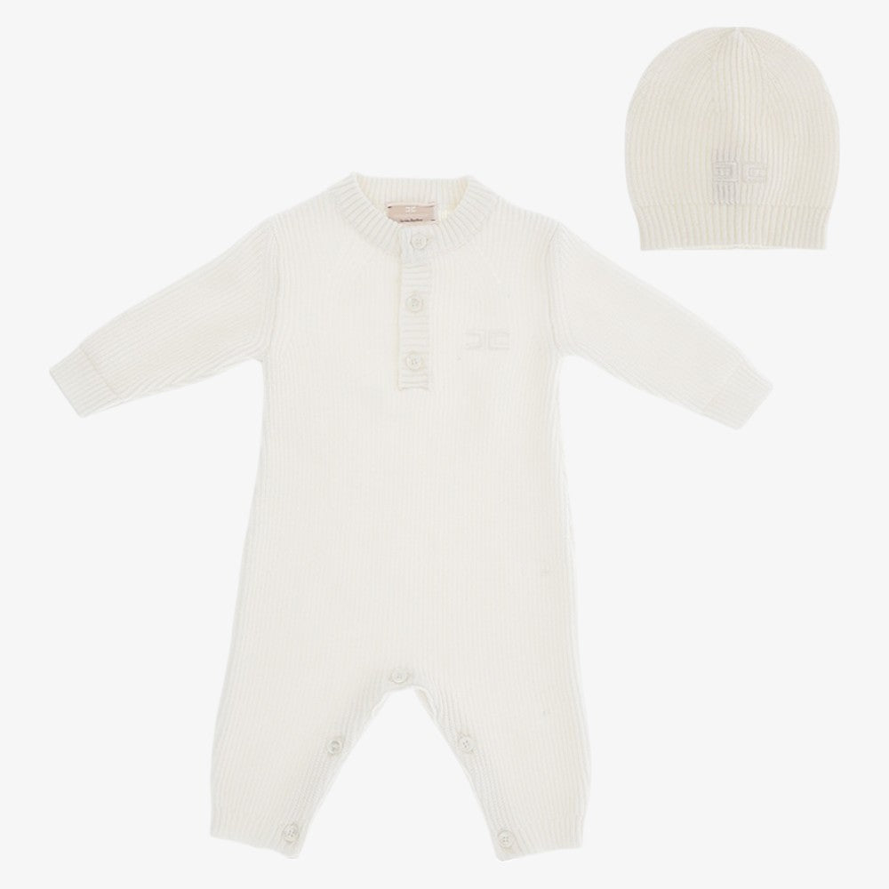Knit Logo Romper And Hat - Light Cream