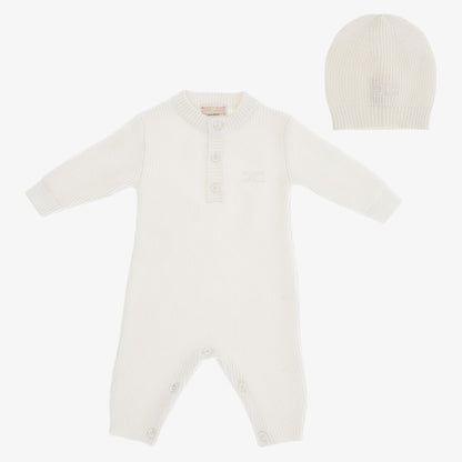 Knit Logo Romper And Hat - Light Cream