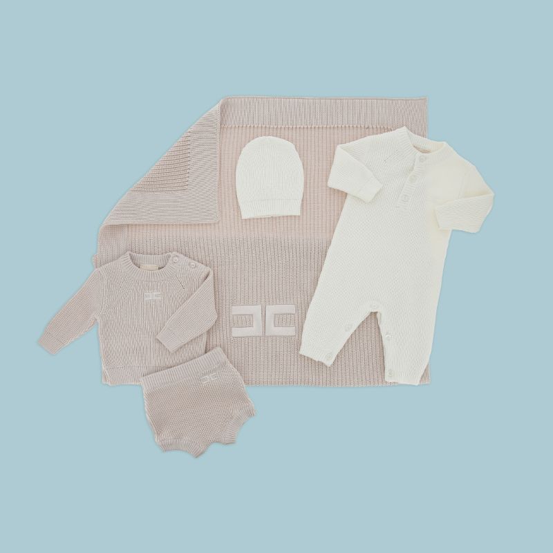 Knit Logo Romper And Hat - Light Cream