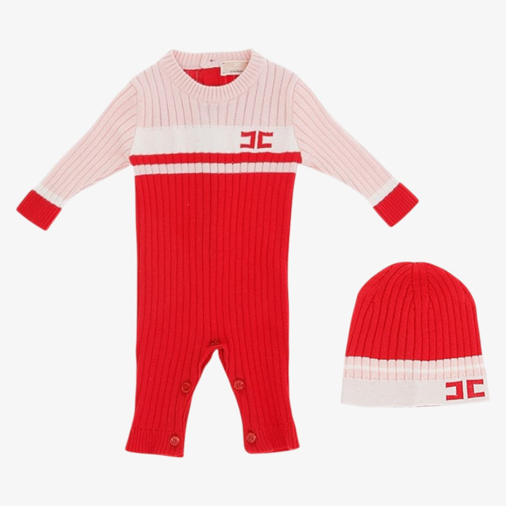 Stripe Knit Romper And Hat - Red &amp; Pink