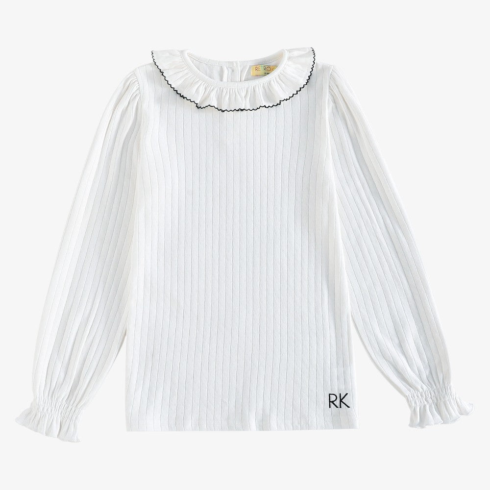 Emery Pointelle Collar T-Shirt LS - White & Black