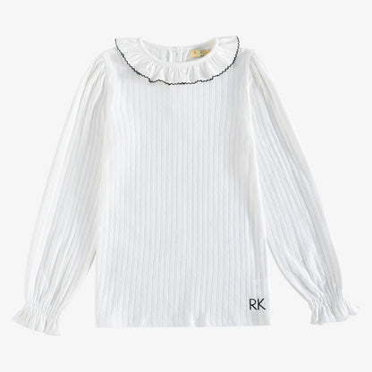 Emery Pointelle Collar T-Shirt LS - White &amp; Black