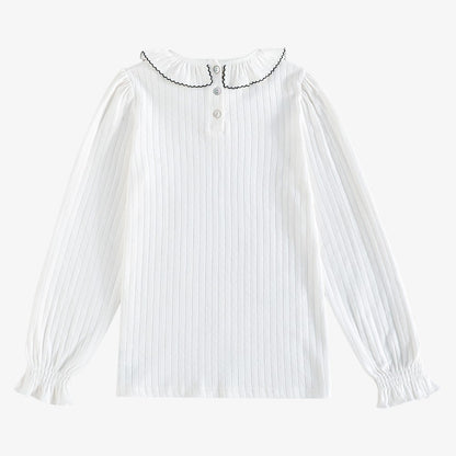 Emery Pointelle Collar T-Shirt LS - White &amp; Black