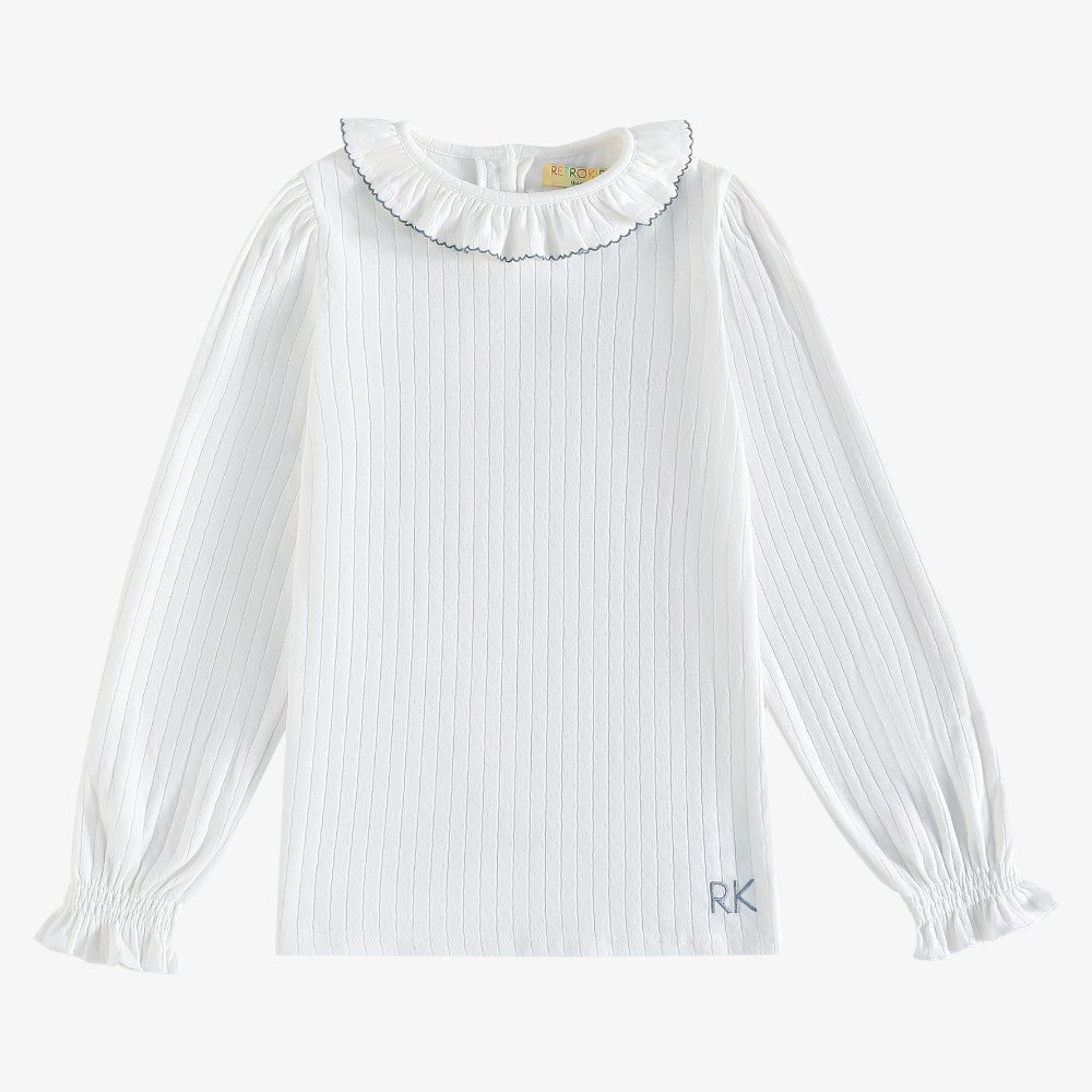 Emery Pointelle Collar T-Shirt LS - White & Light Blue