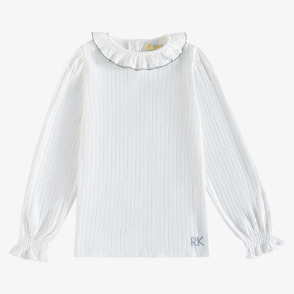 Emery Pointelle Collar T-Shirt LS - White &amp; Light Blue