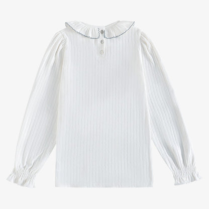 Emery Pointelle Collar T-Shirt LS - White &amp; Light Blue