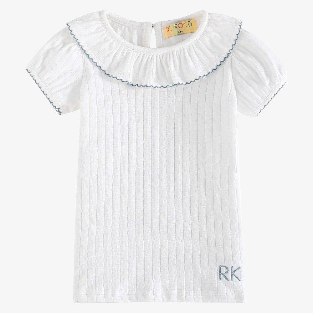 Emery Pointelle Collar T-Shirt SS - White & Light Blue
