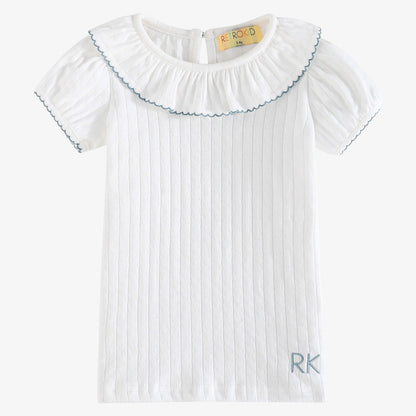 Emery Pointelle Collar T-Shirt SS - White &amp; Light Blue