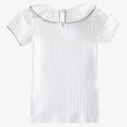 Emery Pointelle Collar T-Shirt SS - White &amp; Light Blue