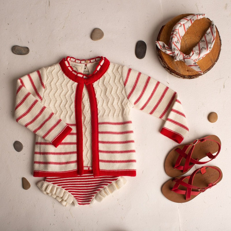 Knit Cardigan - Ivory-red