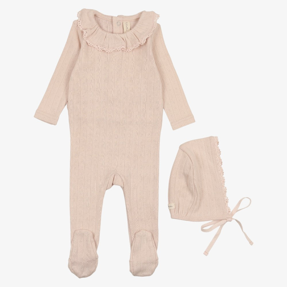 Pointelle Ruffle Footie And Hat - Petal