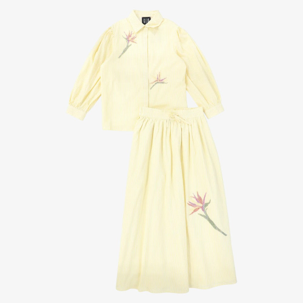 Embellished Printed Shirt And Skirt - Yellow