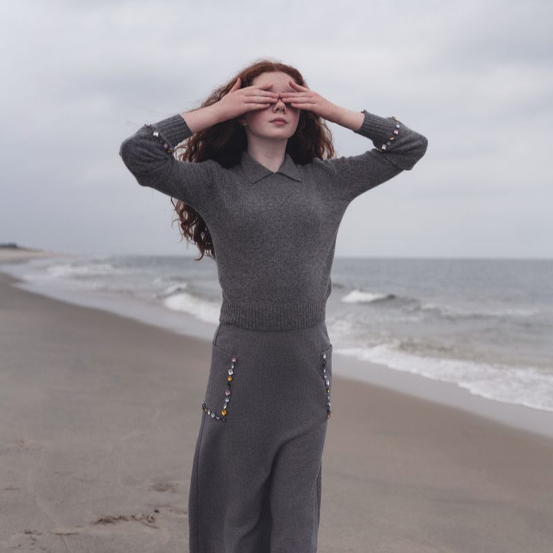 Crystal Embellish Collar Sweater - Grey