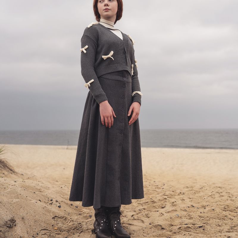 Gathered Button Skirt - Grey