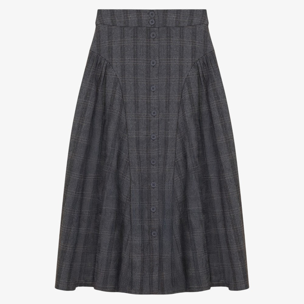 Gathered Button Skirt - Grey Plaid