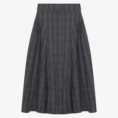 Gathered Button Skirt - Grey Plaid