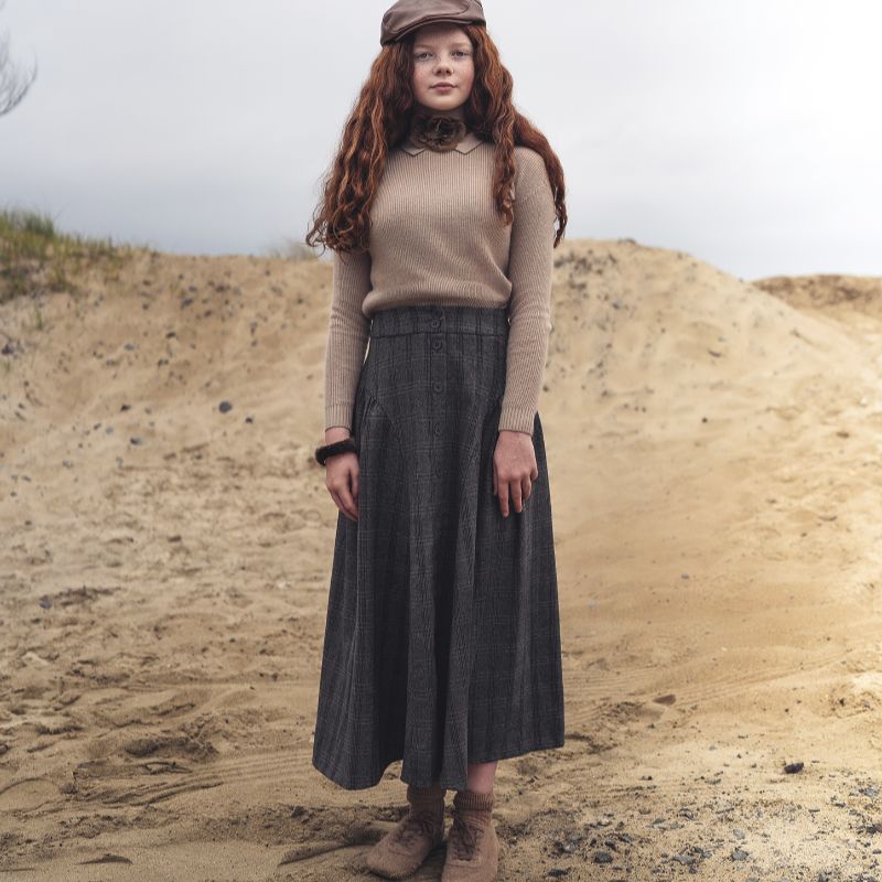 Gathered Button Skirt - Grey Plaid