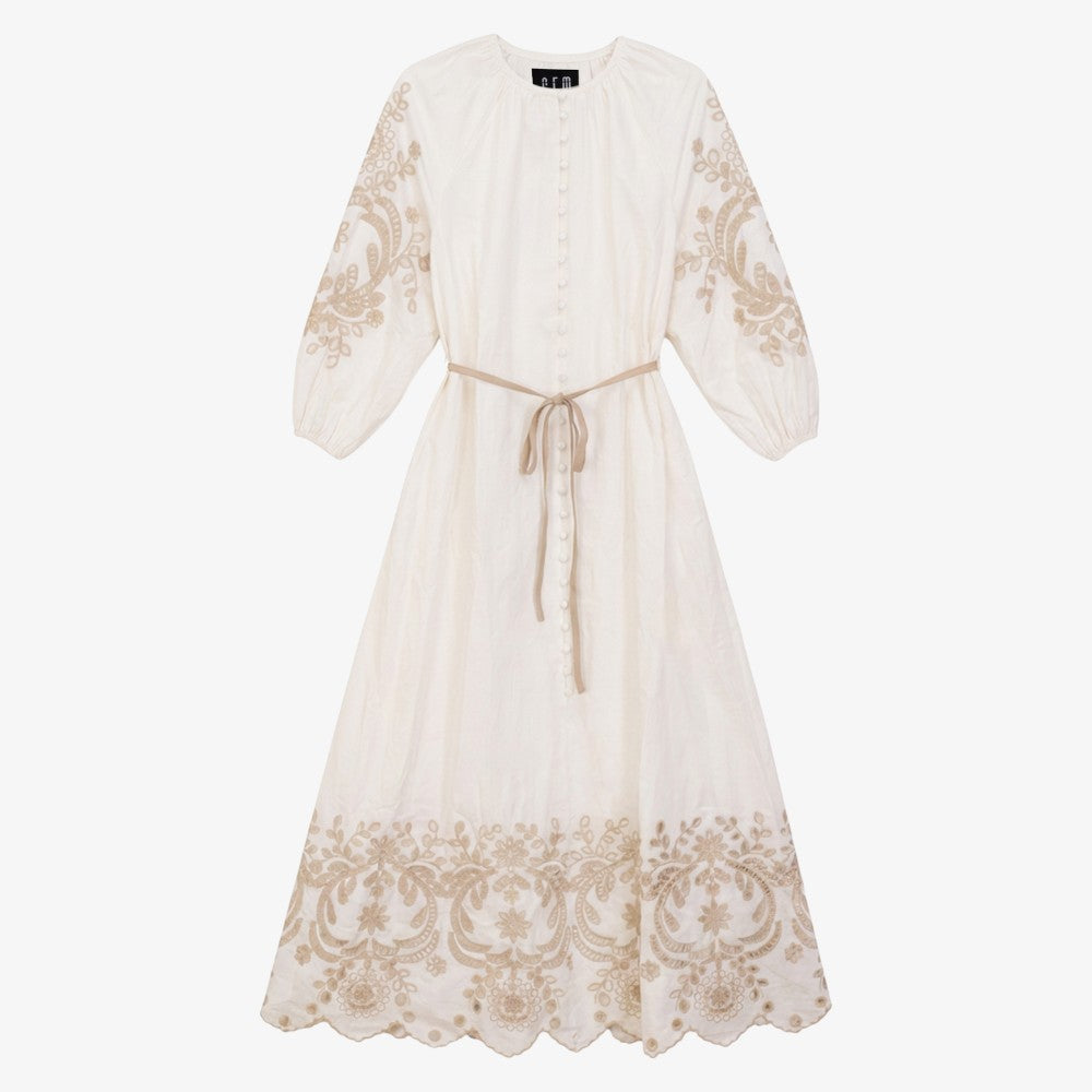 Eyelet Detail Button Down Dress - Cream