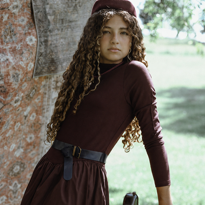 V Yoke Brocade Dress - Burgundy