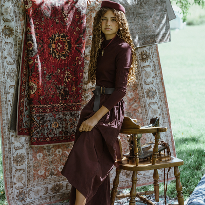 V Yoke Brocade Dress - Burgundy