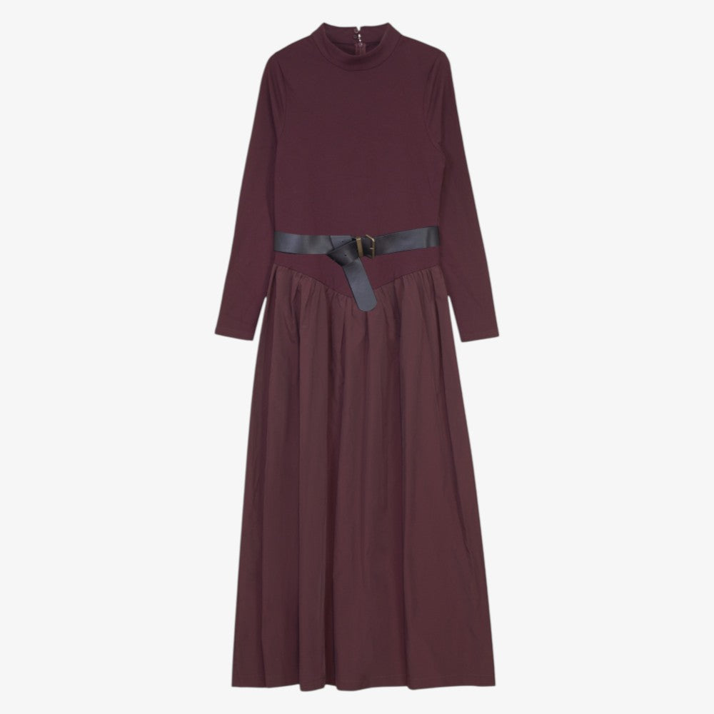 V Yoke Brocade Dress - Burgundy