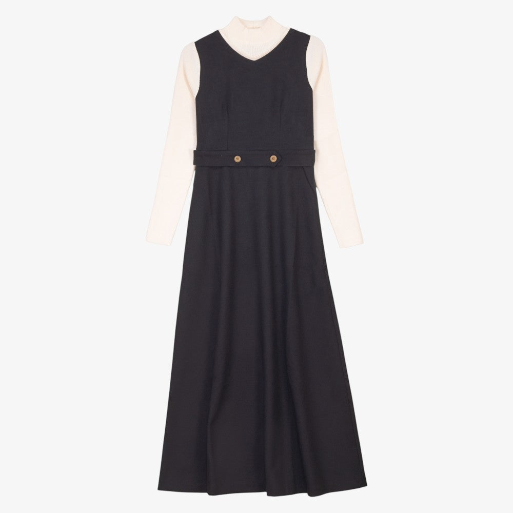 Wool Dress With Mock Neck - Cream & Black