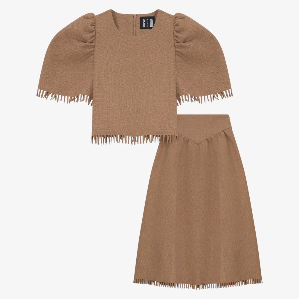 Fringe Detail Shirt And Skirt - Camel