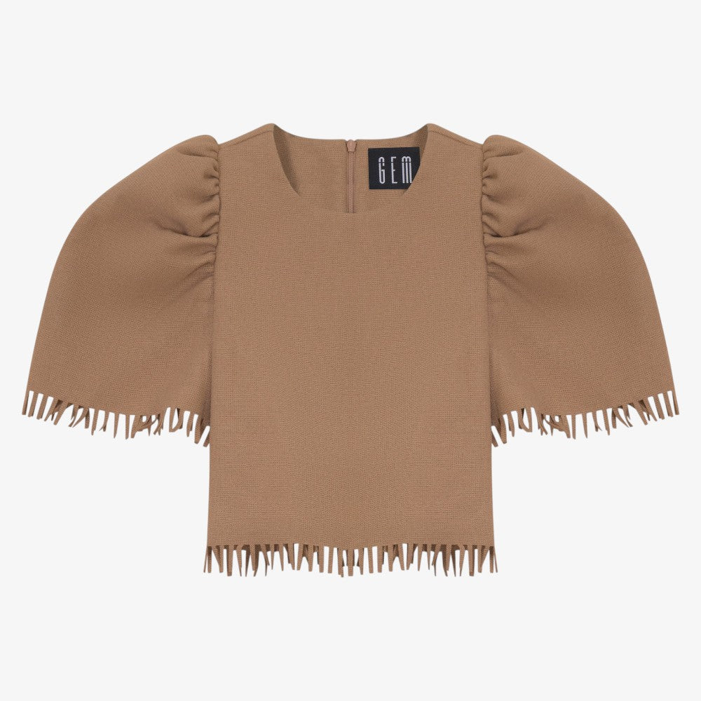 Fringe Detail Shirt And Skirt - Camel