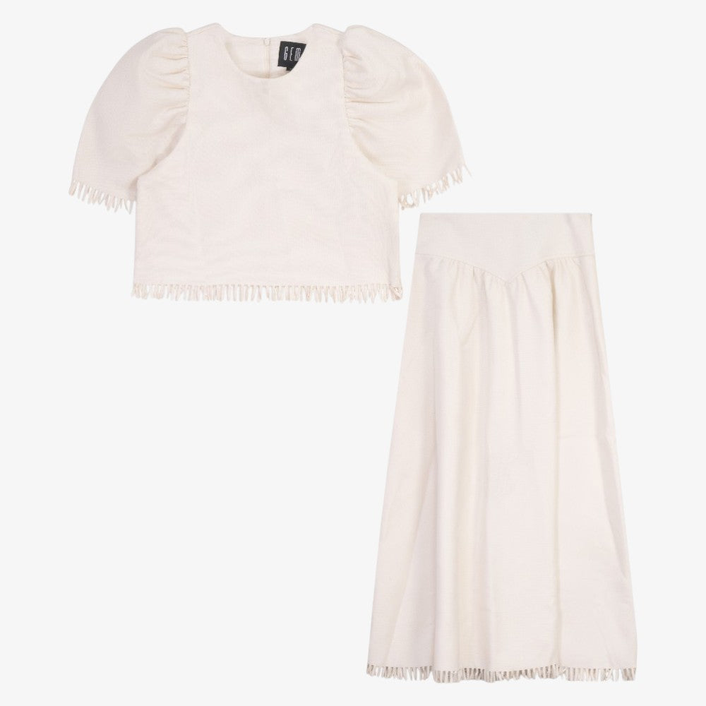Fringe Detail Shirt And Skirt - Cream