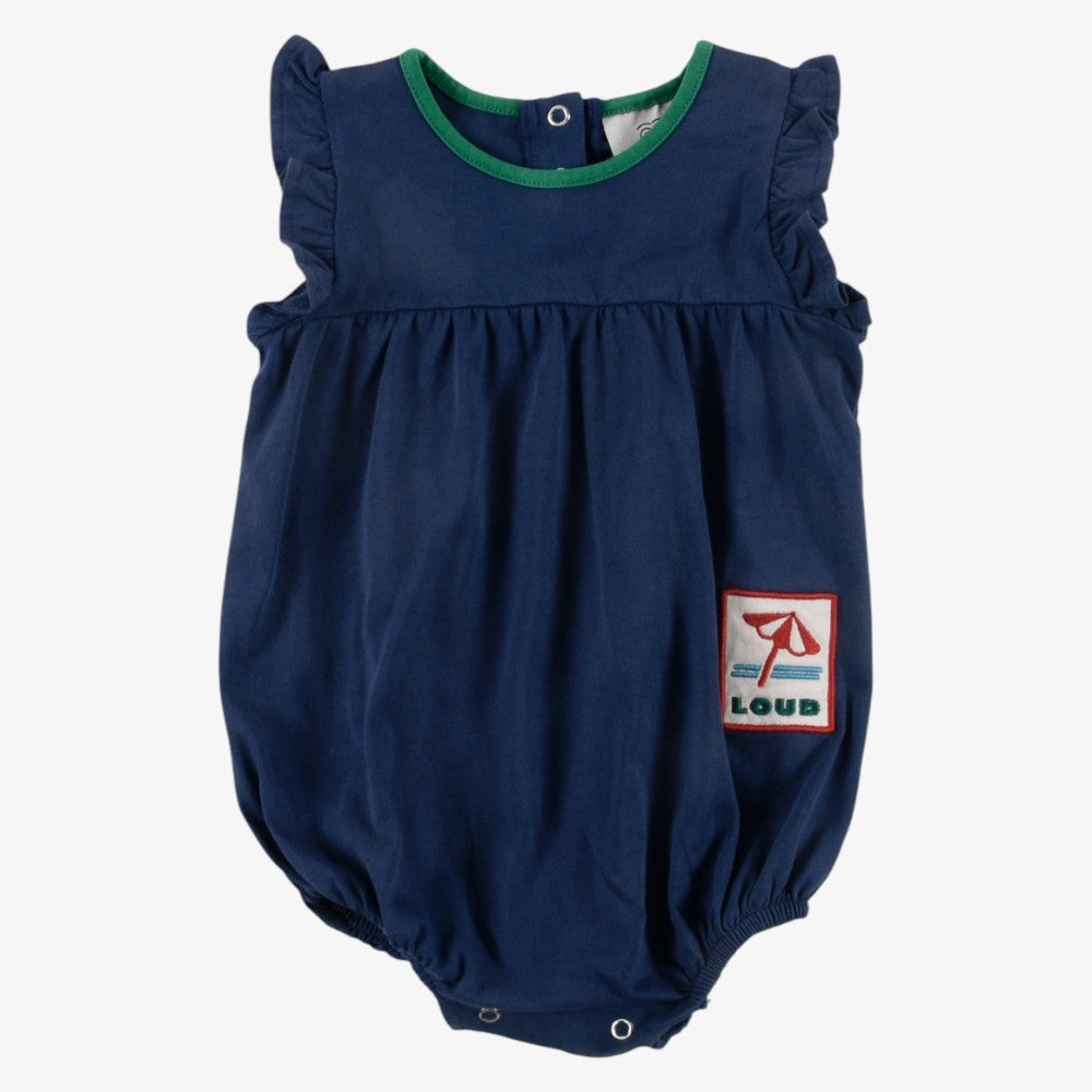 Embroidered Patch Ruffle Romper - Navy