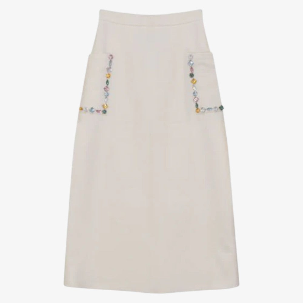 Crystal Embelllished Pocket Skirt - Ivory