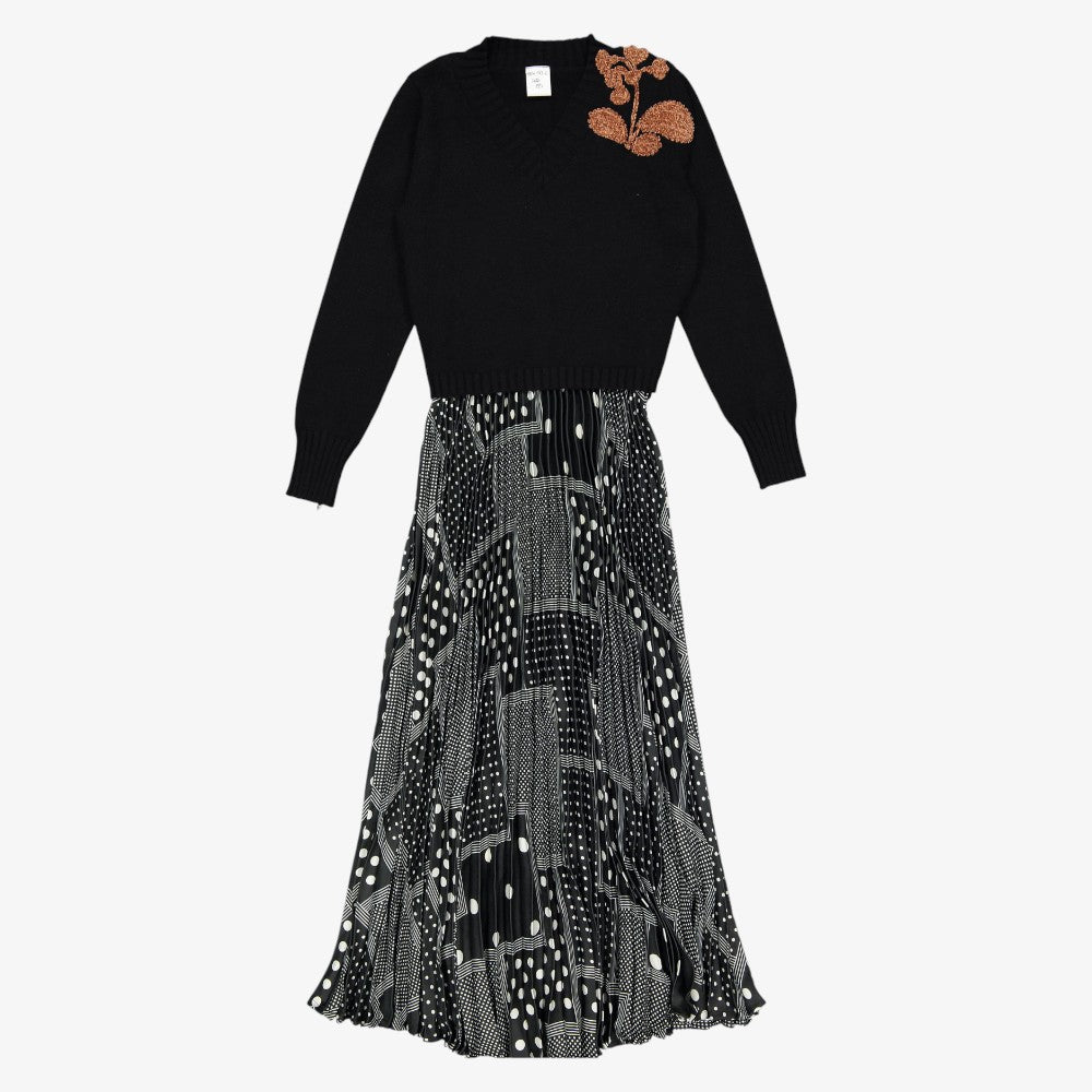 Geometric Pleated Slip Dress - Black